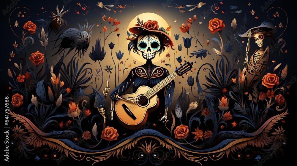 Day of the dead generates single guitar cartoon illustrations of skeletons and flowers,AI generated. Day of the dead generates single guitar cartoon illustrations of skeletons and flowers,AI generated.