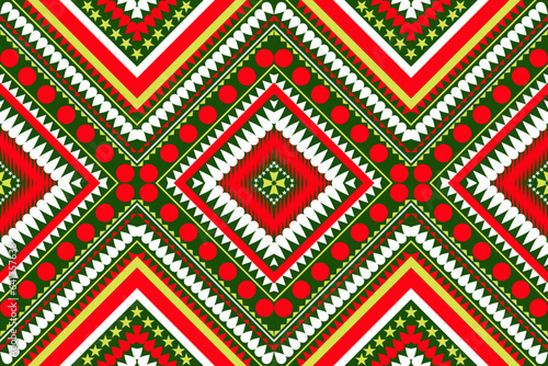 Seamless design pattern, traditional geometric flower zigzag pattern Christmas red white yellow green vector illustration design, abstract fabric pattern, aztec style for print textiles 