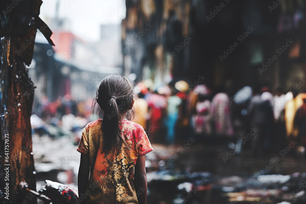 View from behind a young lonely homeless girl standing outside in a dirty slum - obrazy, fototapety, plakaty 