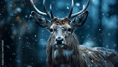 Beutiful natural wildlife. A deer standing in a wintery scene of trees. © Art.disini