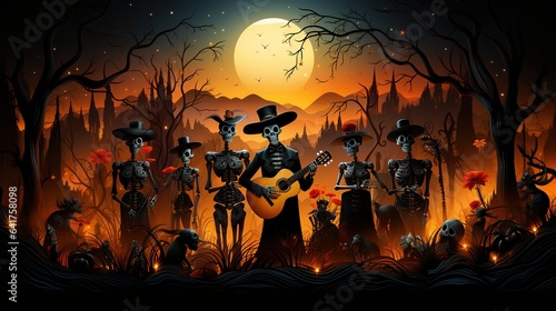 Day of the dead generates single guitar cartoon illustrations of skeletons and flowers,AI generated. 