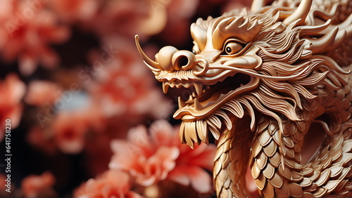 Golden chinese dragon in a red chinese background.