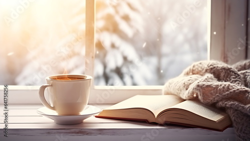 Hot coffee and an open book on the windowsill against a snowy landscape in the background.