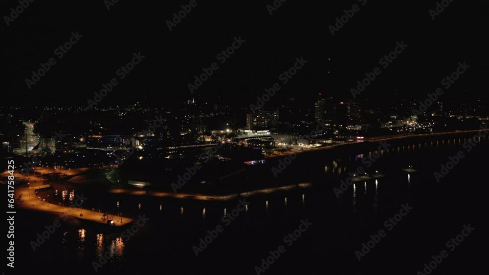 Willy Brandt Platz Bremerhaven, Havenwelten on the river Weser, night view from the air, travel destination in Northern Germany, stars in the summer night, Lightpainting Videography, Panorama view Willy Brandt Platz Bremerhaven, Havenwelten on the river Weser, night view from the air, travel destination in Northern Germany, stars in the summer night, Lightpainting Videography, Panorama view