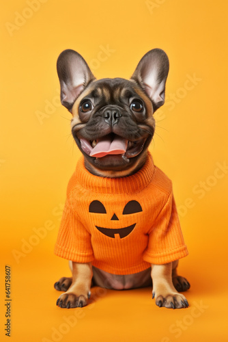 Cute French Bulldog dog with Halloween pumpin sweater on yellow background photo