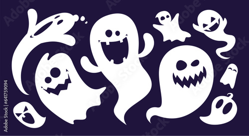 Set Of Cute, Funny And Scary Cartoon Ghosts. Halloween Ghost Illustration