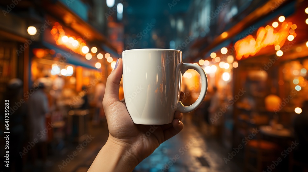 Coffee mug in hands, ceramic with steam. Barista's customizable mockup for branding. Street background. Coffee mug in hands, ceramic with steam. Barista's customizable mockup for branding. Street background.