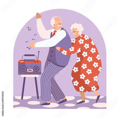 Romantic old couple dancing to music in room. Recreation in restaurant concept. Husband and wife resting together. Flat vector illustration in purple colors