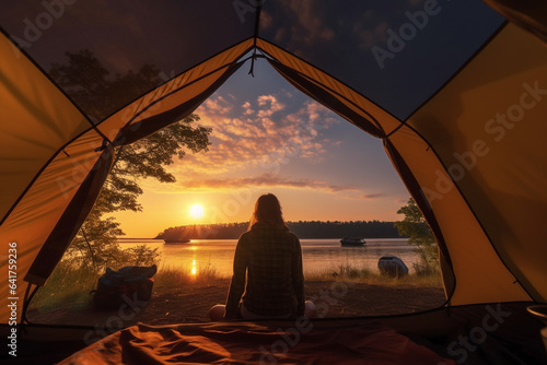 Young woman sitting in tent and looking at lake at sunset. Camping concept
