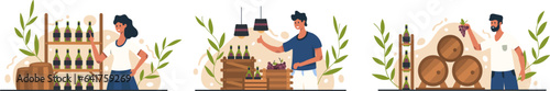 Young lady standing near rack with wine. Male standing near boxes with drink and grape and selecting product. Winemaker holding grape, standing near barrels of wine. Vector flat illustration