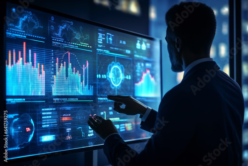 Back view of businessman working with virtual panel and graphs on blurry city background.
