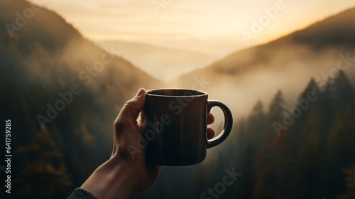 Coffee mug in hands, ceramic with steam. Barista's customizable mockup for branding. Wilderness background.