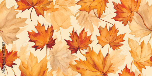Seamless pattern with acorns and autumn oak leaves in Orange, Beige, Brown and Yellow. Perfect for wallpaper, gift paper, pattern fills, web page background, autumn greeting cards.