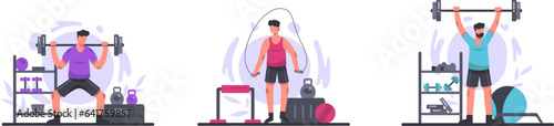 Set of active and strong males training in gym. Sportsman jumping rope. Powerful man lifting barbell. Strong and resilient athlete. Flat vector illustration in cartoon style