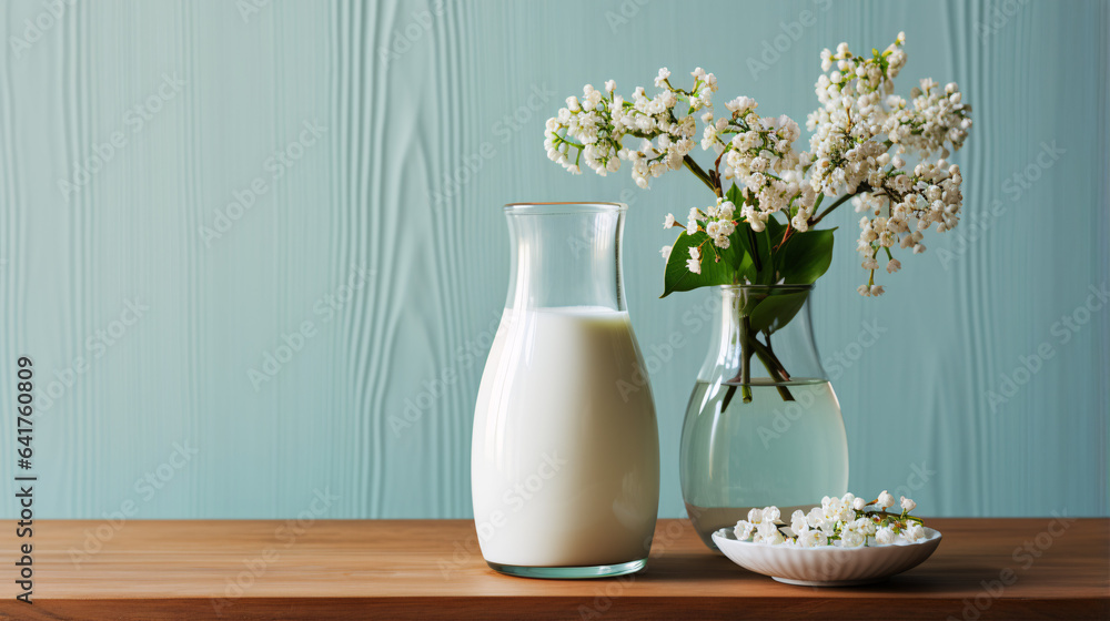 A wooden table against a pastel backdrop showcases a milk bottle, glass, and fresh flowers, creating a captivating canvas for your advertising message. A wooden table against a pastel backdrop showcases a milk bottle, glass, and fresh flowers, creating a captivating canvas for your advertising message.