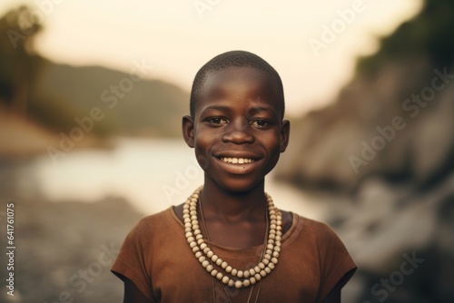 Environmental portrait photography of a grinning boy in his 30s wearing a chic pearl necklace at the victoria falls in livingstone zambia. With generative AI technology