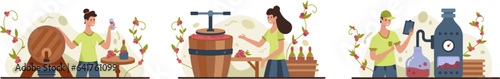 Young lady standing near barrels of wine, holding wineglass and drink. Woman showing wine making process. Worker in uniform checking process in manufacture. Vector flat illustration