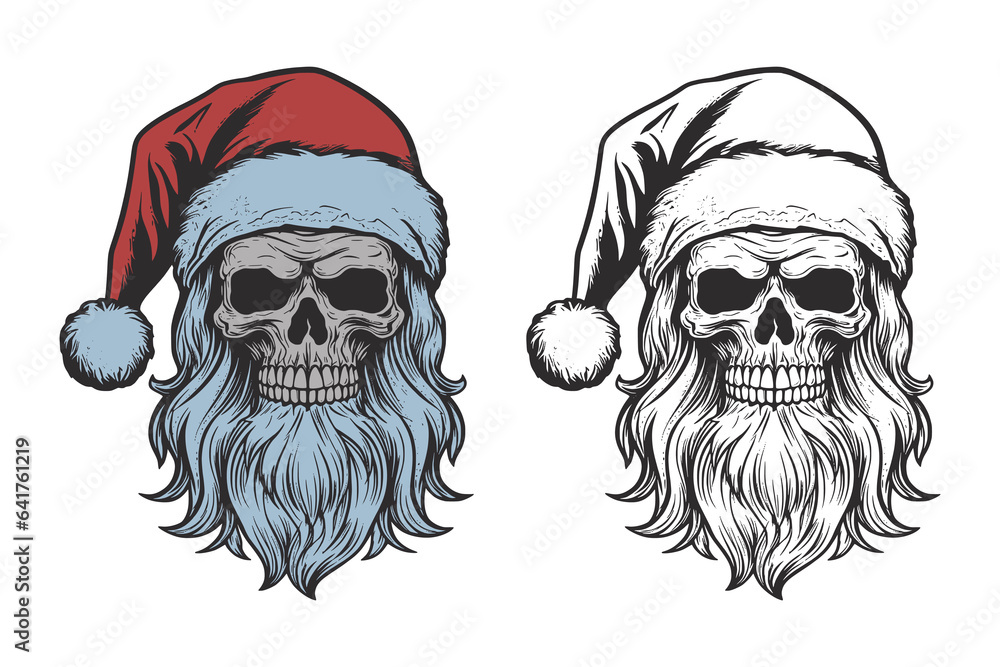 Fototapeta premium Set of vintage retro tattoo bad scary horror spooky skull skeleton santa claus in hat. Merry christmas xmas new year holiday halloween poster. Graphic Art. Engraving vector style illustration