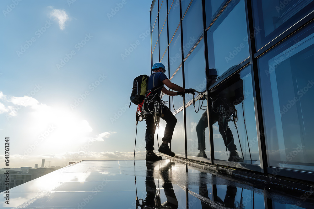 Backview of a high - rise window cleaner in sunlight. A male industrial climber washes the windows of a tall modern skyscraper. Backview of a high - rise window cleaner in sunlight. A male industrial climber washes the windows of a tall modern skyscraper.