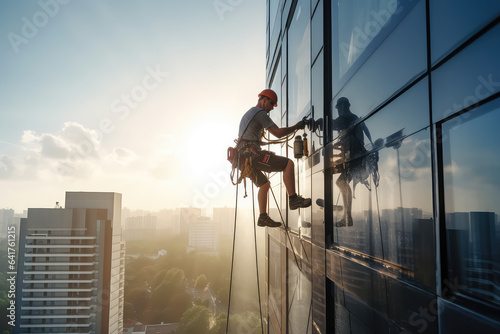 Backview of a high - rise window cleaner in sunlight. A male industrial climber washes the windows of a tall modern skyscraper.  photo