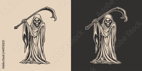 Vintage retro Halloween reaper death with scythe scary horror element. Monochrome Graphic Art. Vector. Hand drawn element in engraving. style