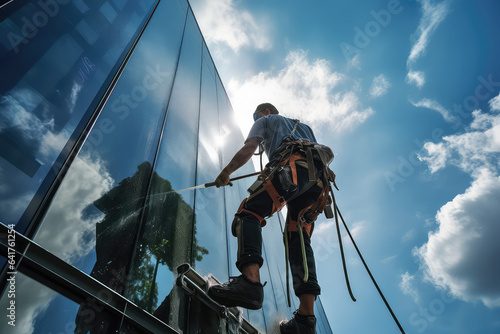 Backview of a high - rise window cleaner in sunlight. A male industrial climber washes the windows of a tall modern skyscraper. 