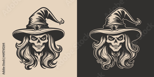 Vintage retro Halloween witch sugar skull girl in hat. Monochrome Graphic Art. Vector. Hand drawn element in engraving. style