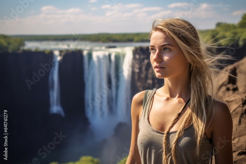 Photography in the style of pensive portraiture of a joyful girl in her 20s wearing a comfortable yoga top at the victoria falls in livingstone zambia. With generative AI technology