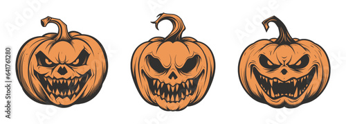 Set of scary spooky boo Halloween pumpkin lantern monster. Traditional autumn october american holiday symbol. Graphic Art. Illustration