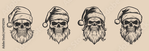 Set of vintage retro tattoo bad scary horror spooky skull skeleton santa claus in hat. Merry christmas xmas new year holiday halloween poster. Graphic Art. Engraving vector style illustration