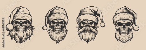 Set of vintage retro tattoo bad scary horror spooky skull skeleton santa claus in hat. Merry christmas xmas new year holiday halloween poster. Graphic Art. Engraving vector style illustration