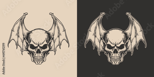 Vintage retro Halloween bat bird skull anatomy head spooky scary horror element. Monochrome Graphic Art. Vector. Hand drawn element engraving.