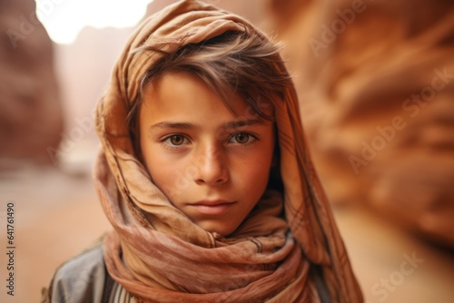Close-up portrait photography of a joyful boy in his 30s wearing an elegant silk scarf at the petra in maan jordan. With generative AI technology
