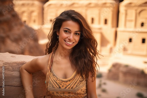 Medium shot portrait photography of a glad girl in her 30s wearing a cute crop top at the petra in maan jordan. With generative AI technology photo