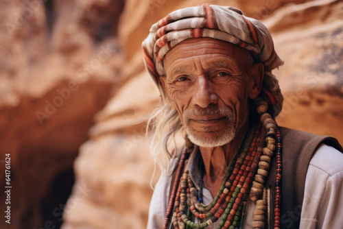 Environmental portrait photography of a tender mature man wearing a whimsical charm necklace at the petra in maan jordan. With generative AI technology