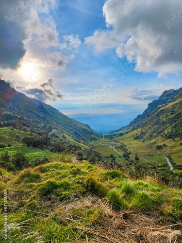 Landscape in Villamaria, Caldas, Colombia with green montains, moorland and road to the ruiz hot springs