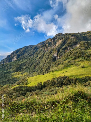 Landscape in Villamaria, Caldas, Colombia with green montains, moorland and road to the ruiz hot springs