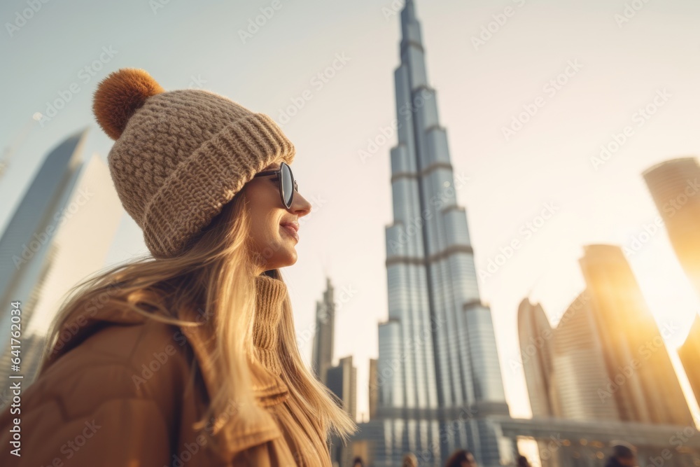 Medium shot portrait photography of a content girl in her 40s wearing a warm trapper hat in front of the burj khalifa in dubai uae. With generative AI technology - obrazy, fototapety, plakaty 