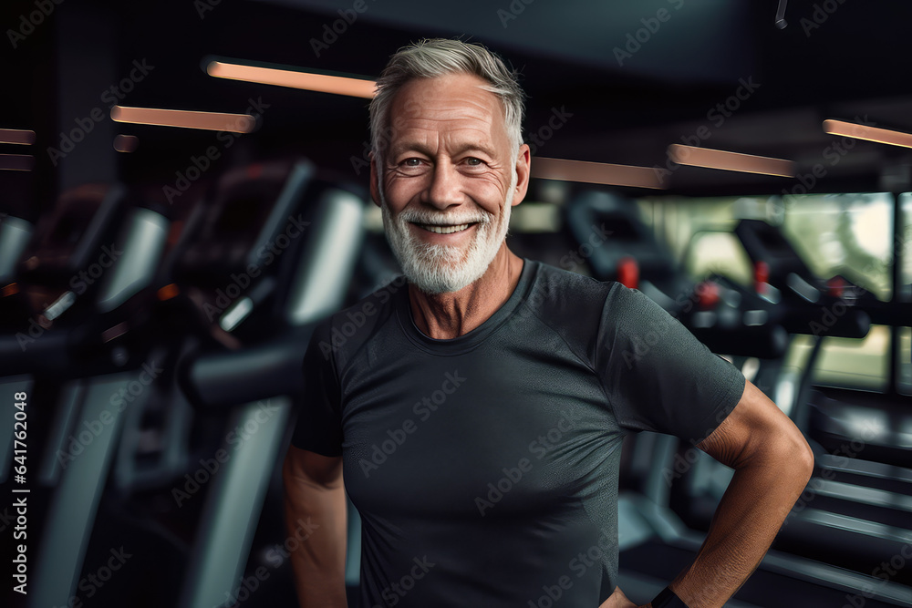 Portrait of an athletic old man with muscles against a background of a gym and treadmills. Creative concept of active old age. Portrait of an athletic old man with muscles against a background of a gym and treadmills. Creative concept of active old age.