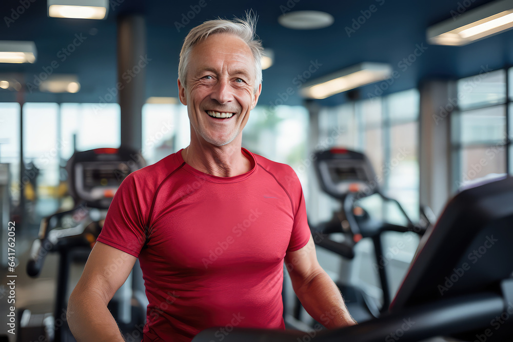 Fototapeta premium Portrait of an athletic old man with muscles against a background of a gym and treadmills. Creative concept of active old age. 