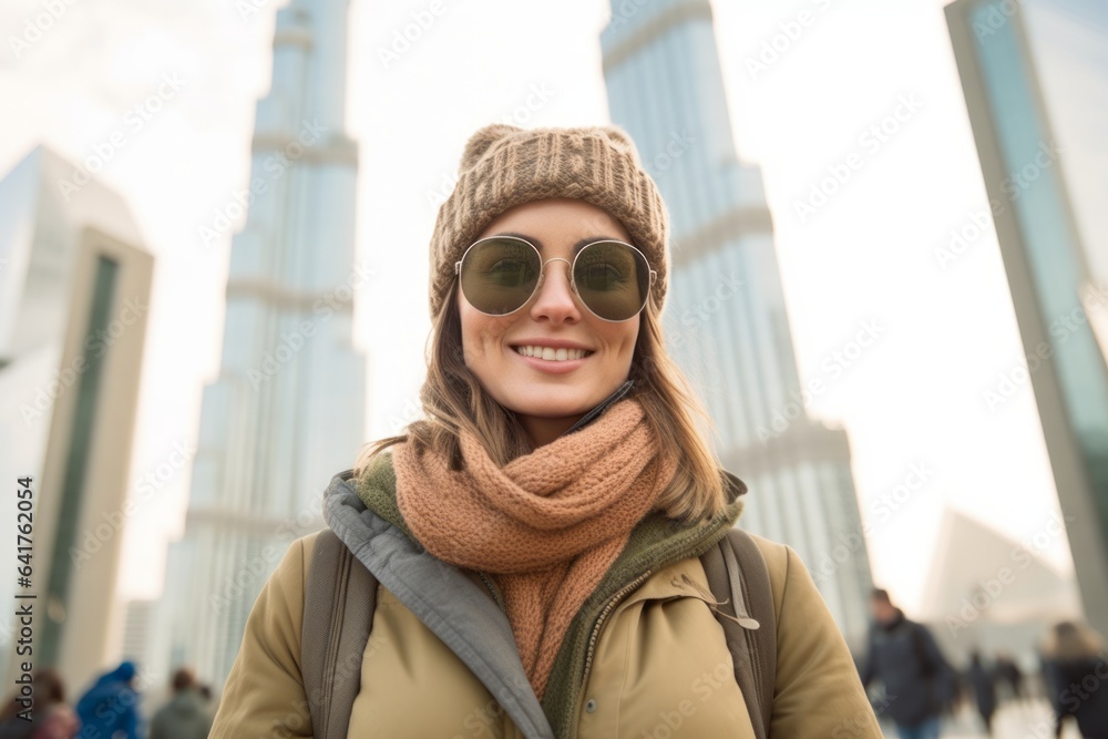 Medium shot portrait photography of a content girl in her 40s wearing a warm trapper hat in front of the burj khalifa in dubai uae. With generative AI technology Medium shot portrait photography of a content girl in her 40s wearing a warm trapper hat in front of the burj khalifa in dubai uae. With generative AI technology