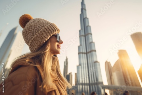 Fotografia Medium shot portrait photography of a content girl in her 40s wearing a warm trapper hat in front of the burj khalifa in dubai uae
