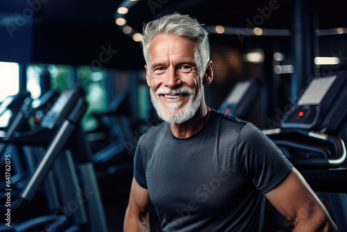 Portrait of an athletic old man with muscles against a background of a gym and treadmills. Creative concept of active old age. 