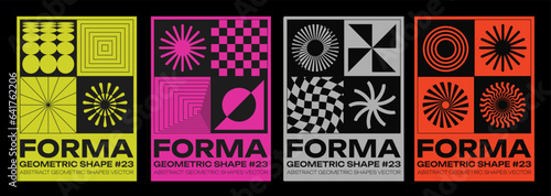 Set Of Swiss Design Inspired Posters Vector Illustration. Cool Geometric Abstract Modernist Placards. Avant-garde Geometrical Illustration. Contemporary Art Bauhaus Shapes.