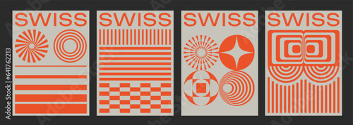 Set Of Swiss Design Inspired Posters Vector Illustration. Cool Geometric Abstract Modernist Placards. Avant-garde Geometrical Illustration. Contemporary Art Bauhaus Shapes.
