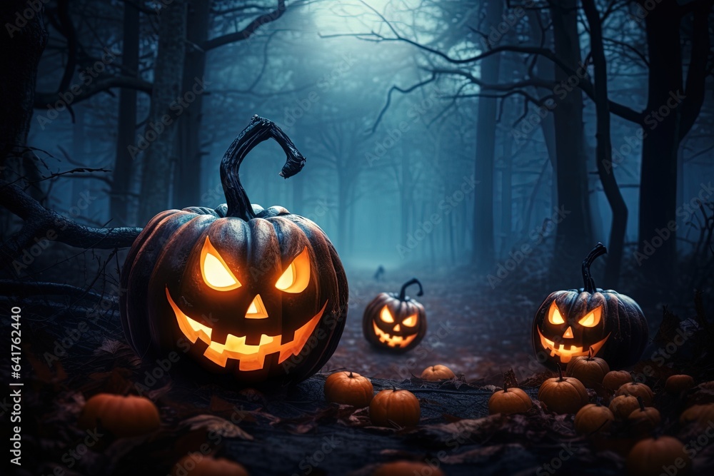 Fototapeta premium Halloween background with scary pumpkins in dark forest.Generative Ai