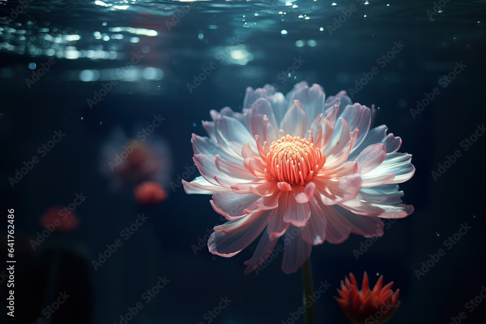 Beautiful and colorful flower submerged underwater 