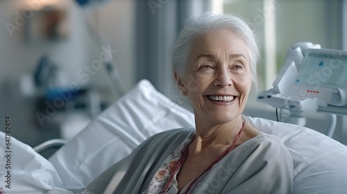 Senior female patient lying satisfied smiling at modern hospital patient bed. Excellent service at a for-profit hospital. 