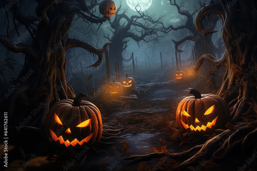 Fototapeta premium Halloween background with scary pumpkins in dark forest.Generative Ai