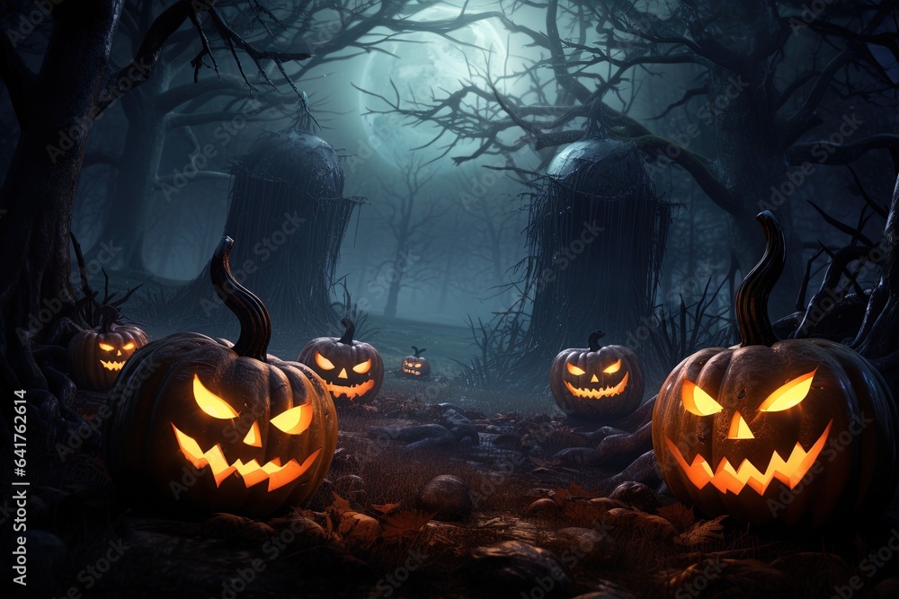 Naklejka premium Halloween background with scary pumpkins in dark forest.Generative Ai
